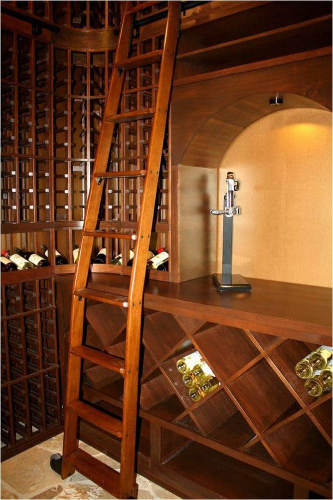 Bent Wine Cellar Ladder Allows Usage Over Double Deep Sections of the Racking