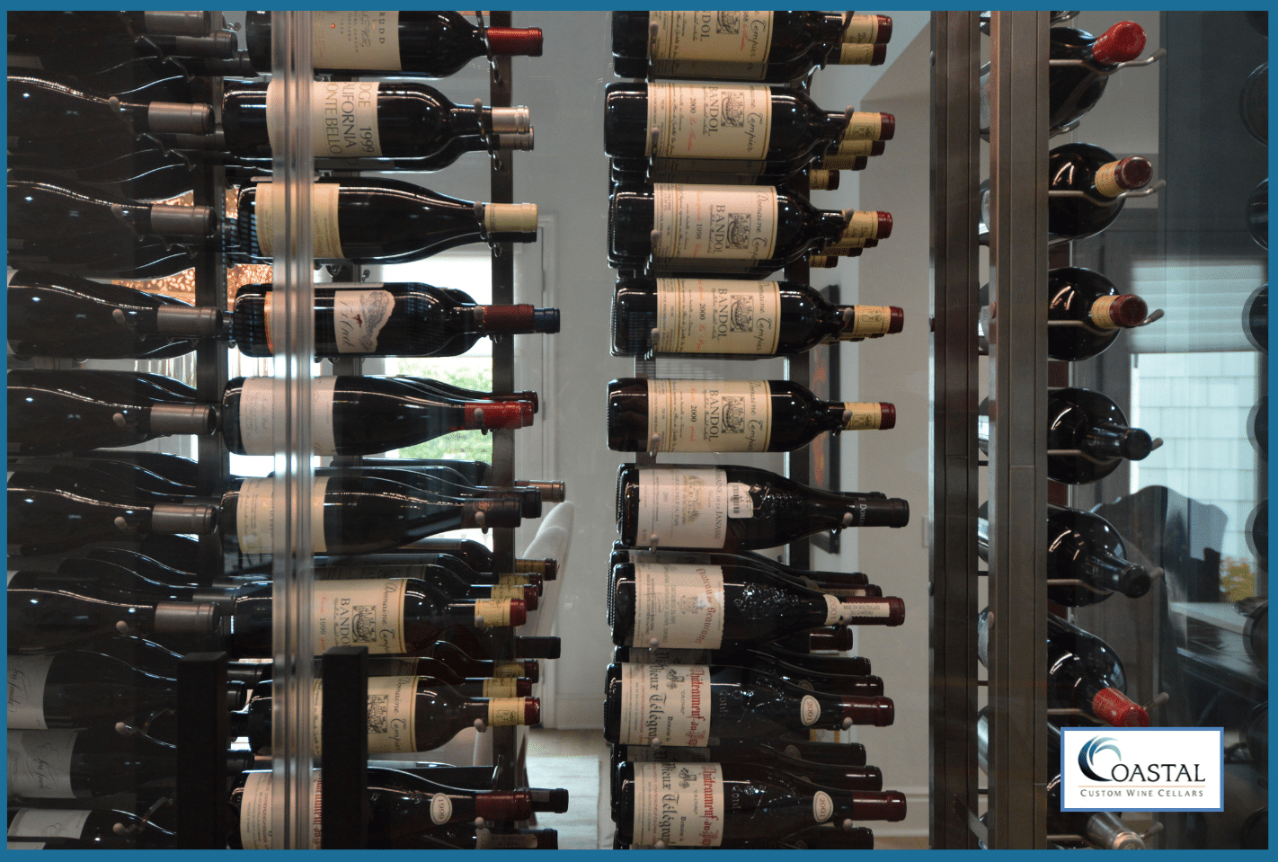 Wine Bottles Horizontally Displayed Using Metal Wine Racks for Glass Wine Cellars