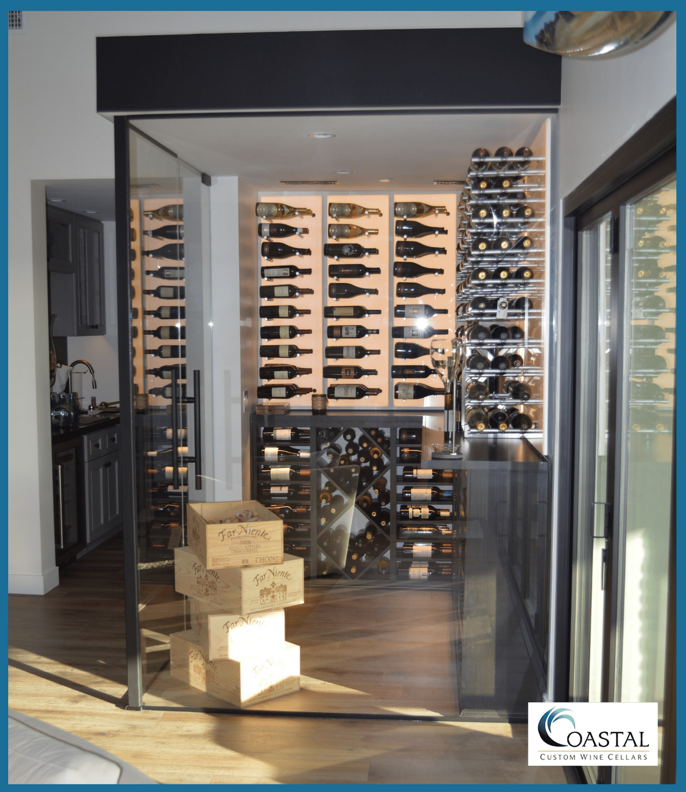 A Corner in a Sabre Springs Living Room was Transformed as Modern Glass Wine Cellar in a Home Renovation Project