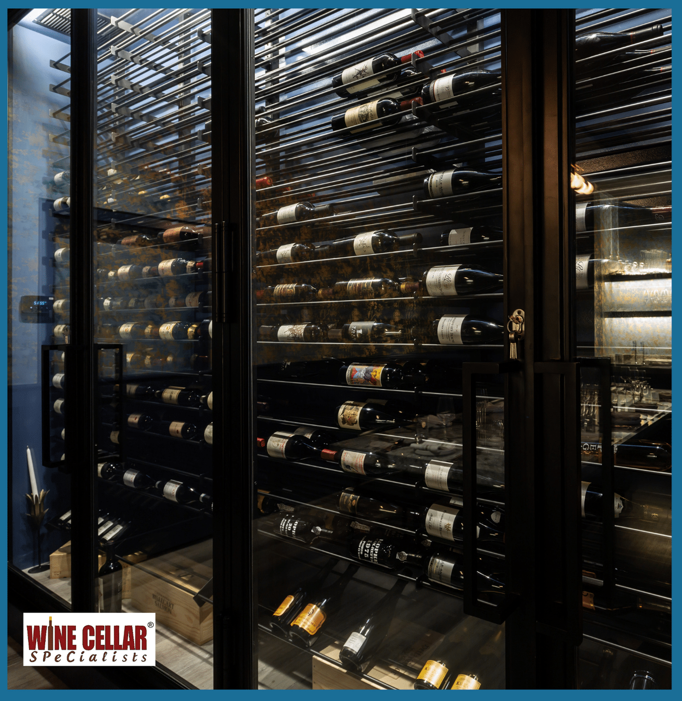 Modern Wine Racking System Enclosed in a Seamless Wine Cellar Door
