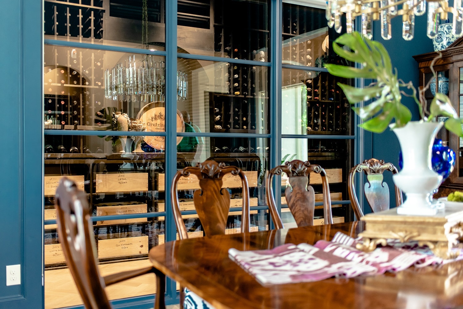 Modern Wine Cellar with Wooden Wine Racks in a Lovely Residential Area in San Diego