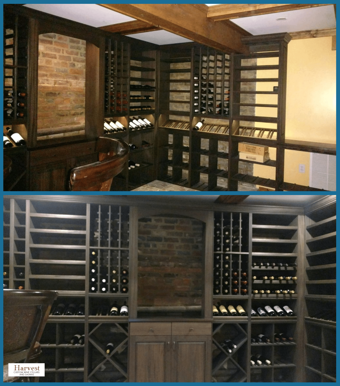 Master Builders in San Diego Created This Custom Wooden Wine Racks for a Basement Wine Cellar